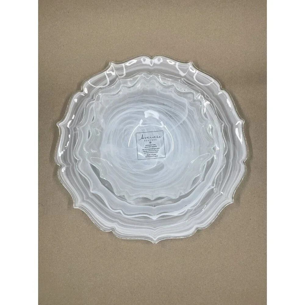 Artistic Accents Turkish Glass 4 Plates Set Entrée Dinner White Swirl 11